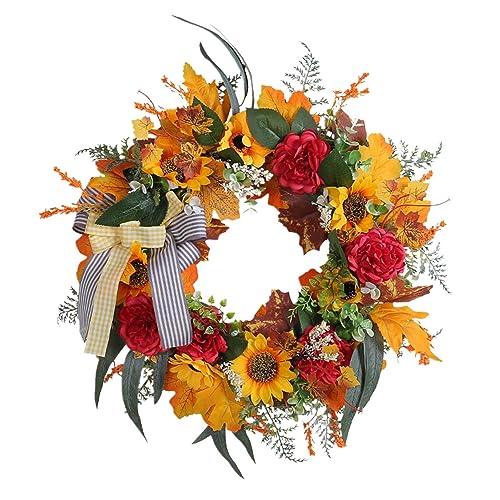 Künstlicher Erntenkranz – realistischer Herbstkranz mit Sonnenblume | dekorative Girlande mit Kunstblumen für Wände, Eingangstür, Bauernhof, Wohnzimmer von Povanjer