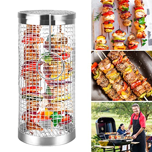 1 Stück Rollender Grillkorb, Zylindrischer Grillkorb Edelstahl, Grill Rack Grillkorb für Gemüse, Grillkorb Edelstahl Rund, Rollender Grillkorb für Pommes, Fisch, Garnelen, Gemüse, Fleisch (20cm) von Powmag