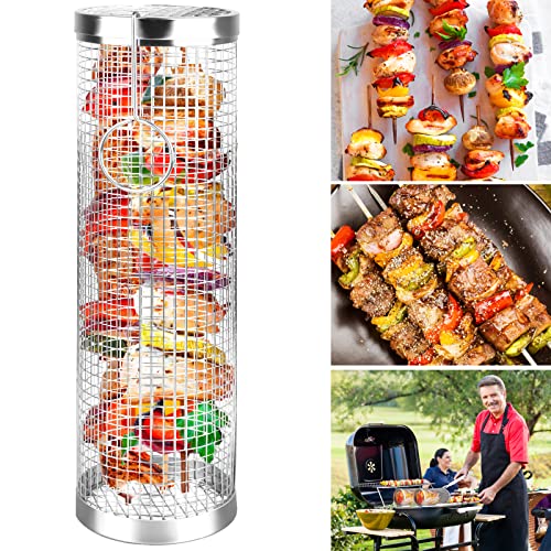 Rollender Grillkorb, Zylindrischer Grillkorb Edelstahl, Grill Rack Grillkorb für Gemüse, Grillkorb Edelstahl Rund, Rollender Grillkorb für Pommes, Fisch, Garnelen, Gemüse, Fleisch (30cm) von Powmag