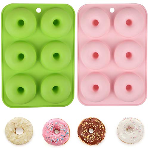 Powmag Donatbackform Groß, 2 Stück Donuts Backform, Mini Donuts Backform, Donut Backform Antihaft Backblech, Donut Formen Silikon, Blatt Behälter Macht perfekte 3-Zoll-Donuts (Rosa+Grün) von Powmag