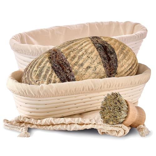 Gärkorb Oval 35cm 2er Set mit Bürste, Leinentuch & Brotbeutel -1.2 kg - Aus nachhaltigem Rattan - Zum Brotbacken - Brot Backen Zubehör von Praknu