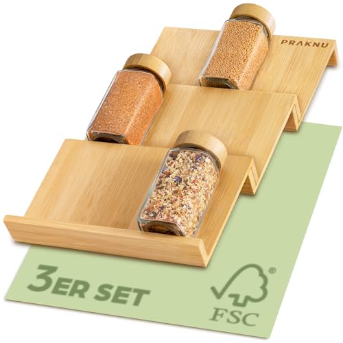 Praknu Gewürzregal Schublade Organizer Holz FSC® - Für 12 Gewürzgläser (19x13x3cm) - Mit Antirutschmatte - 3 Stufen - Gewürz Organizer Schublade von Praknu