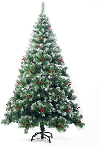 Künstlicher Tannenbaum 180 cm mit Schnee-Effekt und Tannenzapfen - Weihnachtsbaum Metallständer Metall Standfuß Schnee Beeren Rot Grün(P-12963) von PrimoLiving