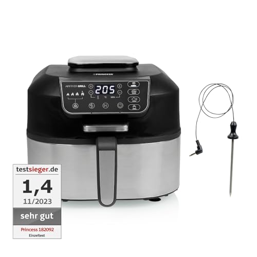 Princess 2-in-1 Heißluftfritteuse und Grill - 4 Programme - Max 265°C - Inklusive Thermometer - 1760W - Herausnehmbarer Korb - Silber/Schwarz - 182092 von Princess