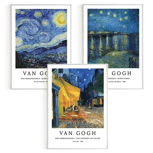 Bilder-Set: 3 x DIN A3 (30x42) Premium Posterpapier - Vincent van Gogh, Die Sternennacht; Nachtcafé; Sternennacht über die Rhône, Kunstdruck ohne Rahmen, Wandbild, Bilderwand - A4, A3, A2, A1, A0, .. von Printistico