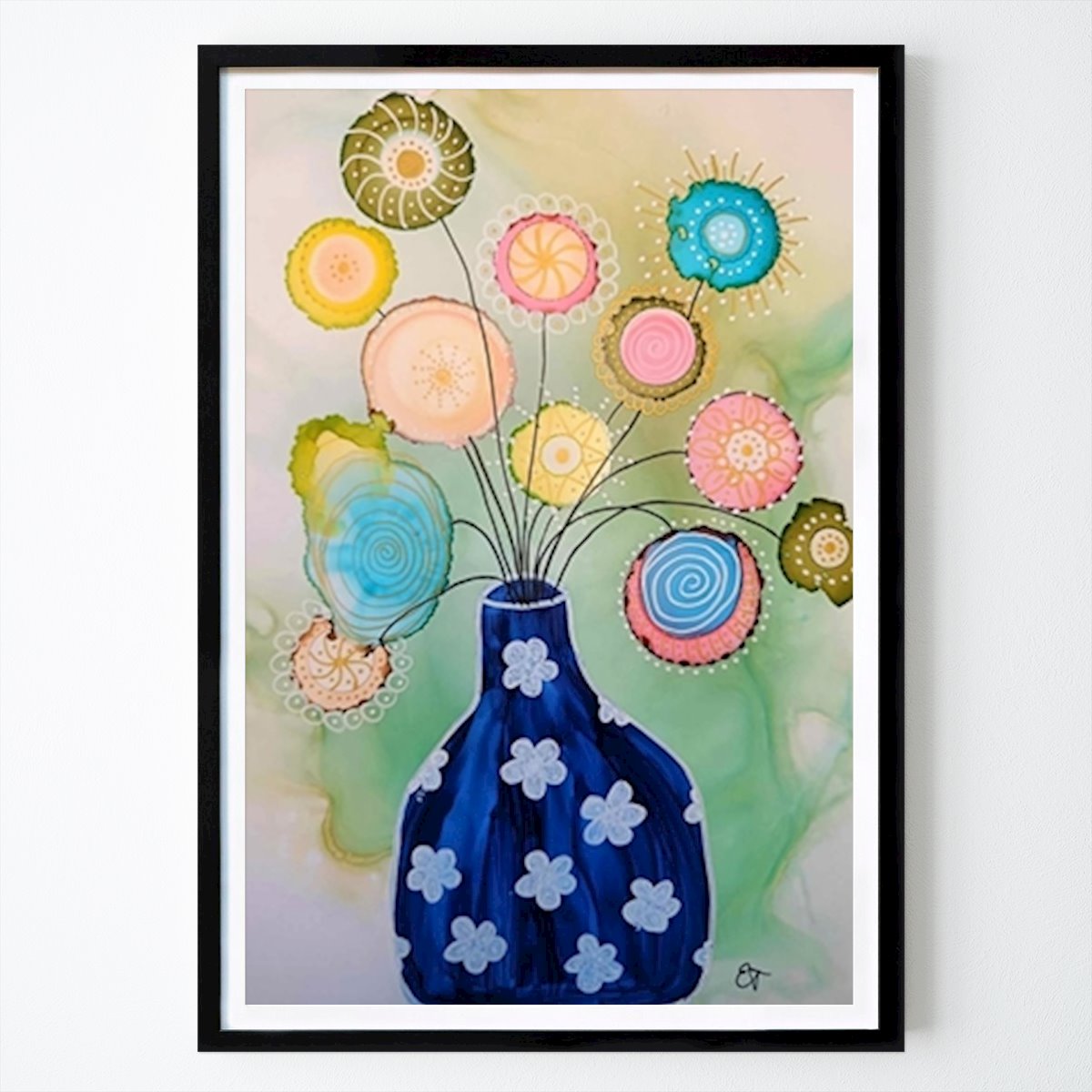 Poster: Fantasieblumen in blauer Vase von Frk. Veggpryd von Printler
