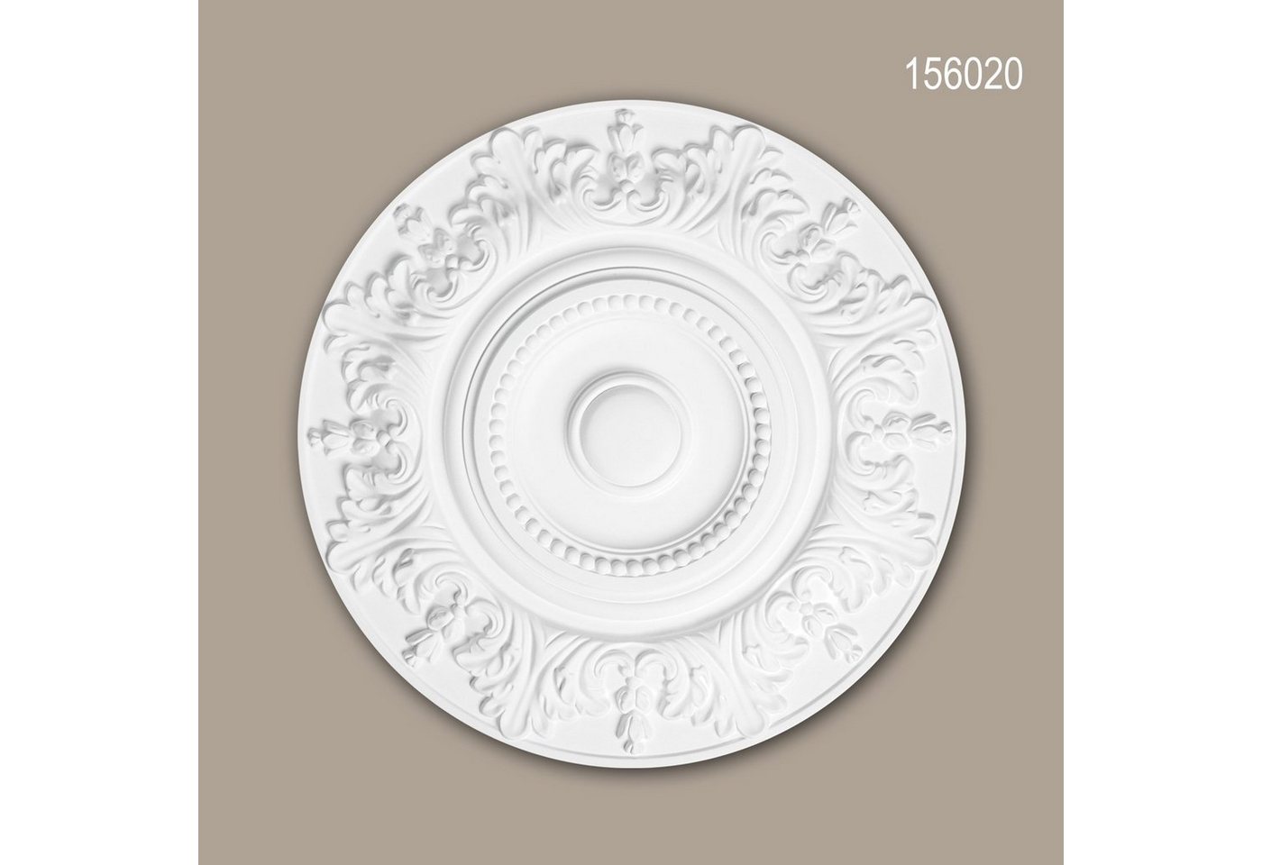 Profhome Decken-Rosette 156020 (Rosette, 1 St., Deckenrosette, Medallion, Stuckrosette, Deckenelement, Zierelement, Durchmesser 47 cm), weiß, vorgrundiert, Stil: Rokoko / Barock von Profhome