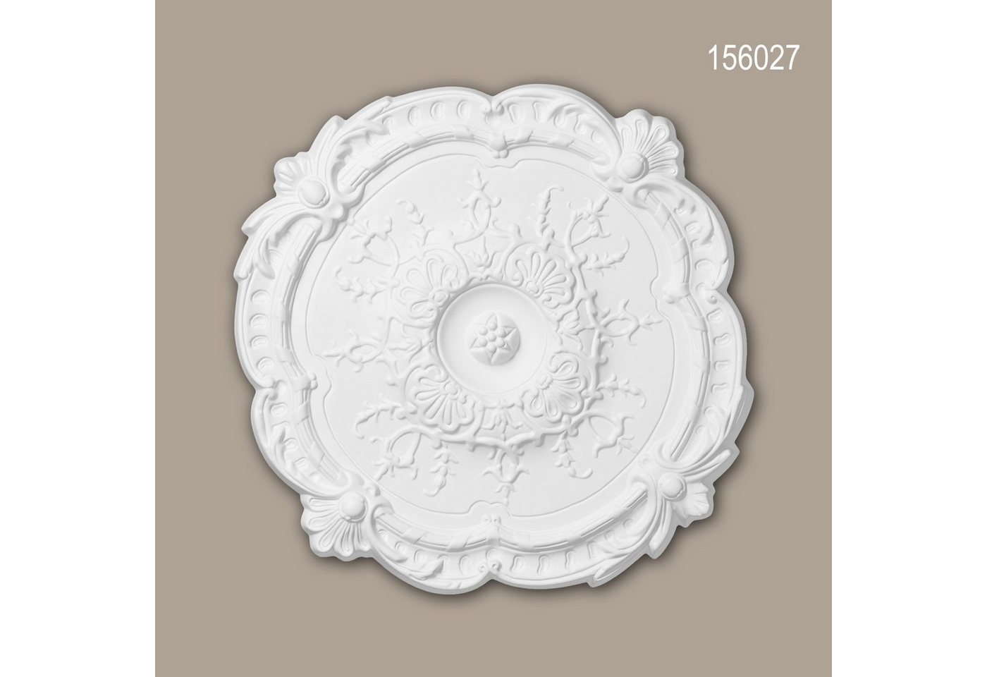 Profhome Decken-Rosette 156027 (Rosette, 1 St., Deckenrosette, Medallion, Stuckrosette, Deckenelement, Zierelement, Durchmesser 38,3 cm), weiß, vorgrundiert, Stil: Rokoko / Barock von Profhome