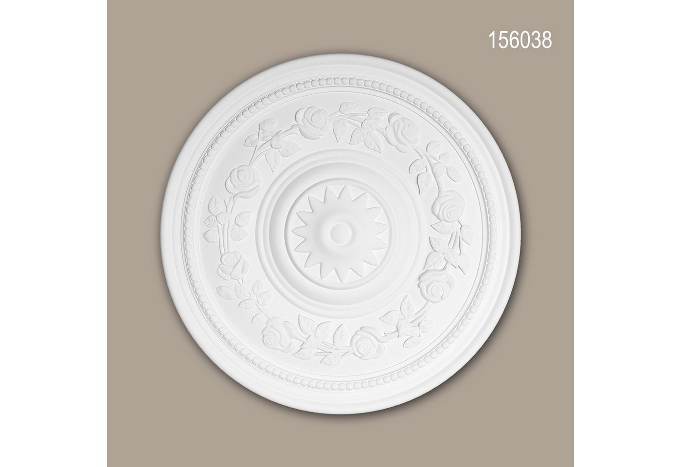 Profhome Decken-Rosette 156038 (Rosette, 1 St., Deckenrosette, Medallion, Stuckrosette, Deckenelement, Zierelement, Durchmesser 40 cm), weiß, vorgrundiert, Stil: Rokoko / Barock von Profhome