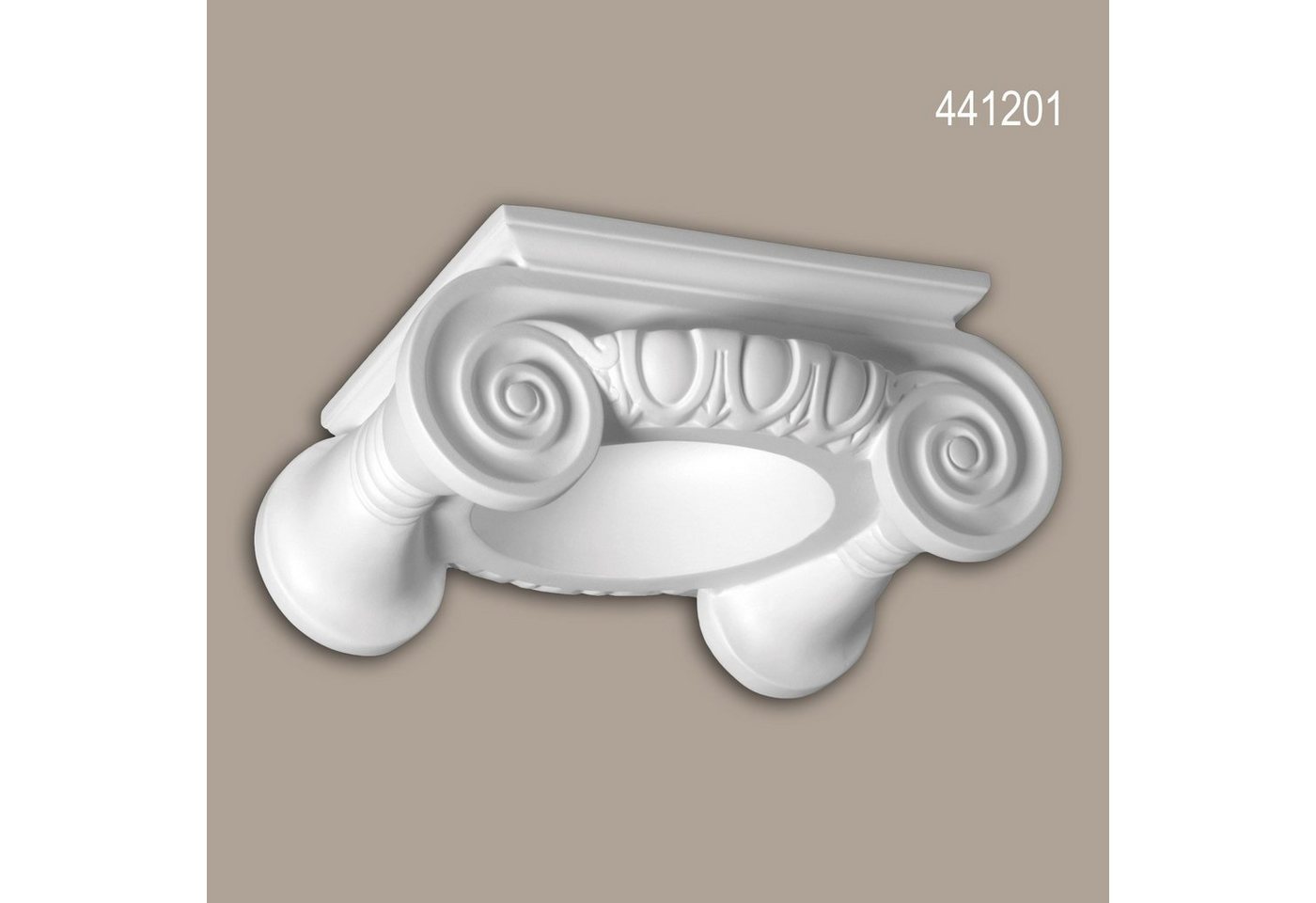 Profhome Wanddekoobjekt 441201 (Vollsäulen Kapitell, 1 St., Fassadenstuck, Säule, Zierelement, Außenstuck), weiß, vorgrundiert, für Fassadendekoration, Stil: Ionisch von Profhome