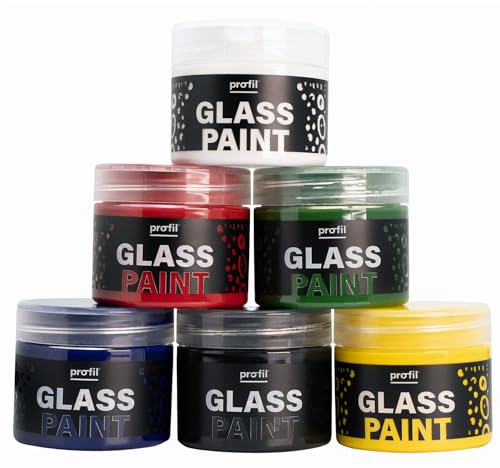 Profil - GLASS PAINT 6 x 50ml - Glasfarben Set - Farbe für Glas und Keramik - Glasfarbe, Porzellanfarbe - Malerset - auf Wasserbasis, Schnelltrocknend - Kreativ Set für Erwachsene von Profil