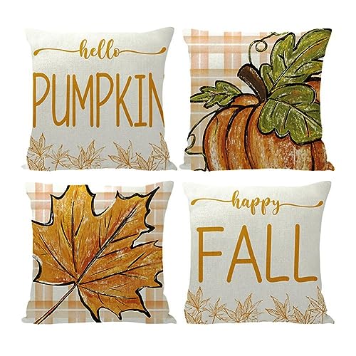 Proumhang 4 Stück Kissenbezüge,Leinen Hallo Kürbis Kissenbezüge,Autumn Harvest Dekorationen Herbst Dekor Grateful Thanksgiving Throw Kissen Fall für Indoor Home Couch Sofa Schlafzimmer 45cm Stil 1 von Proumhang