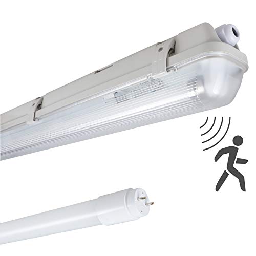 Proventa Feuchtraumleuchte mit HF-Bewegungsmelder und LED-Röhre 120 cm, 14 W, 2.100 Lumen, 4.000 K, IP65, 50.000h, IK08, Kunststoff grau, Flackerfrei von Proventa