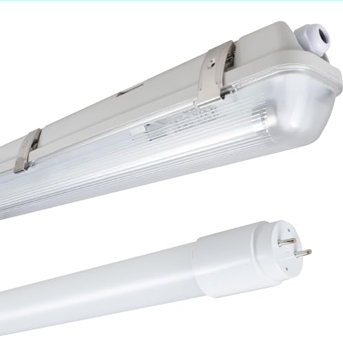 Proventa Feuchtraumleuchte mit HF-Bewegungsmelder und LED-Röhre 150 cm, 20,5 W, 3.100 Lumen, 4.000 K, IP65, 50.000h, IK08, Kunststoff grau, Flackerfrei von Proventa