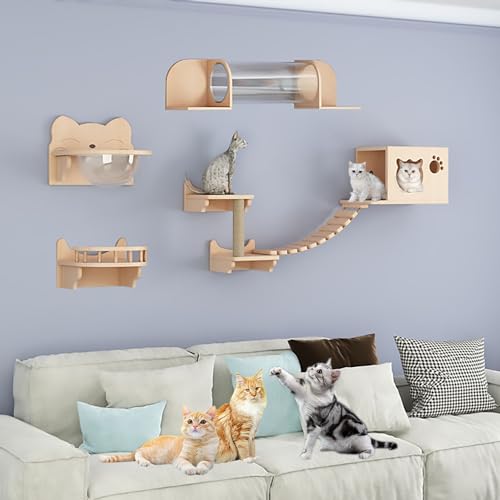 An der Wand Montierte Katzen-wandmöbel aus Massivholz, Katzen-wandregale und Sitzstangen-Set, Platzsparend, (Size:Style2) von Pucaru