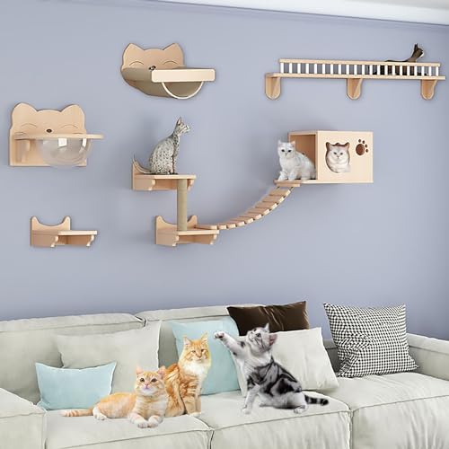 An der Wand Montierte Katzen-wandmöbel aus Massivholz, Katzen-wandregale und Sitzstangen-Set, Platzsparend, (Size:Style3) von Pucaru