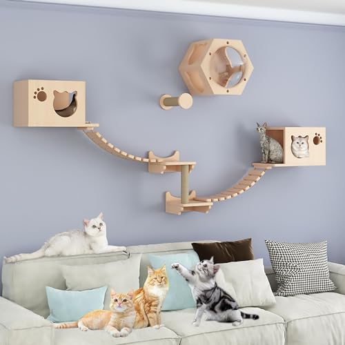 An der Wand Montierte Katzen-wandmöbel aus Massivholz, Katzen-wandregale und Sitzstangen-Set, Platzsparend, (Size:Style6) von Pucaru