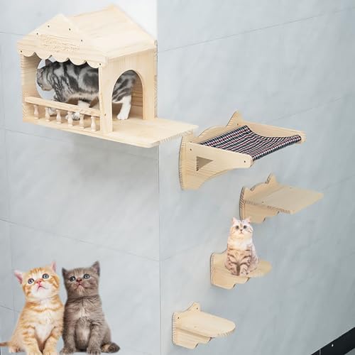 Wandregale und Sitzstangen für Katzen, Katzenwandregale, Wandmöbelset, DIY-Katzenwandspielplatz, zum Schlafen, Spielen, Klettern(Style2) von Pucaru