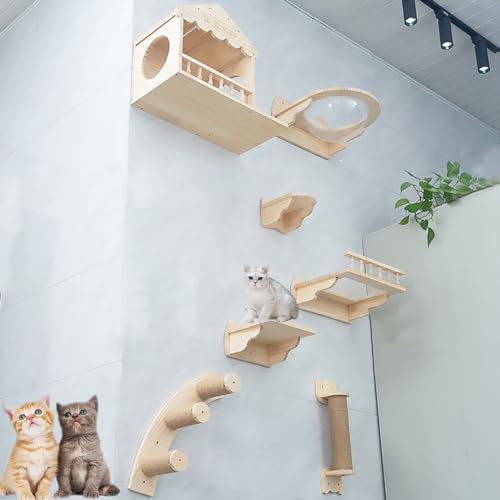 Wandregale und Sitzstangen für Katzen, Katzenwandregale, Wandmöbelset, DIY-Katzenwandspielplatz, zum Schlafen, Spielen, Klettern(Style4) von Pucaru