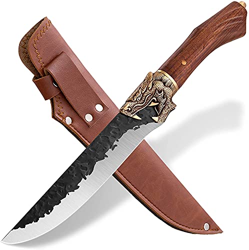 Purple Dragon Ausbeinmesser Hackmesser Handgeschmiedet Kochmesser Scharf Fleischermesser mit Lederhülle 7Cr17Mov KohlenstoffStahl 7 Zoll Outdoor-Messer für die Küche Camping Geschenkbox von Purple Dragon