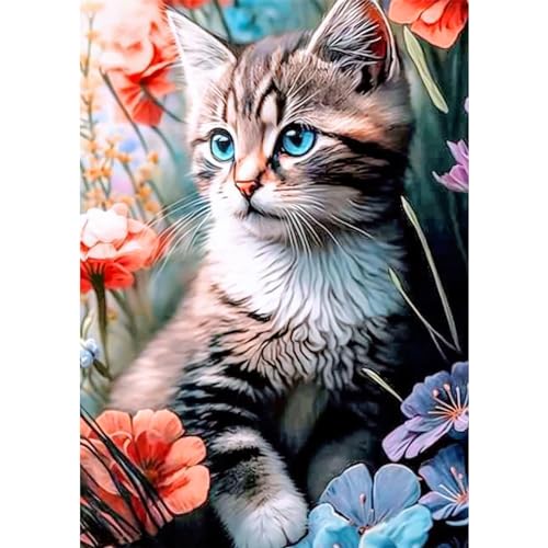 QENSPE 5D Diamond Painting Erwachsene Kits, DIY Diamond Painting Bilder, Katze Blume Mosaikherstellung Malen Nach Zahlen Full Drill Cross Stickerei Malerei Kits für Home Wand Décor 30 x 40cm von QENSPE