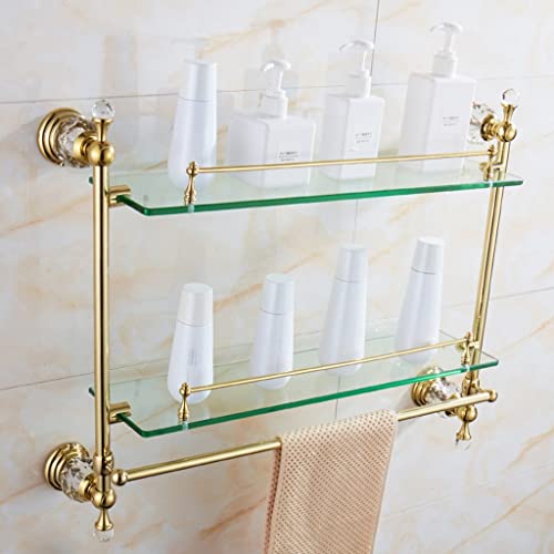 QFFL Temperiertes Glas Badezimmerregal mit Handtuchstange, 1-2 Schicht Badezimmerglasregal, rechteckige, wandmontierte Duschaufbewahrung, Laden 20 Pfund (Color : Clear+Gold, Size : 60 * 45cm) von QFFL