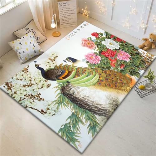 QGYFRE Eingangs-Fußmatte Flur Teppich Teppich Kinderzimmer Junge 50x80CM Schlafzimmer Teppiche Grün Maschinenwaschbarer Teppich mit klassischem Blumen- und Vogelmuster von QGYFRE