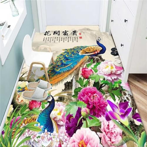 QGYFRE Eingangs-Fußmatte Teppich Maschinenwaschbar Schlafzimmer Teppiche 50x80CM Teppich Esszimmer Farbe Stilvoller Rutschfester Teppich mit orientalischem Blumen- und Vogelmuster von QGYFRE