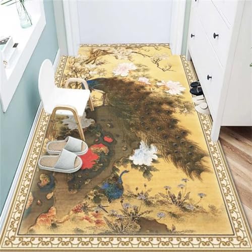 QGYFRE Küche Teppich Kinderteppich Jungen küchenteppiche 60x110CM Teppich Klein Gelb Leicht zu reinigender Teppich mit orientalischem Blumen- und Vogelmuster von QGYFRE