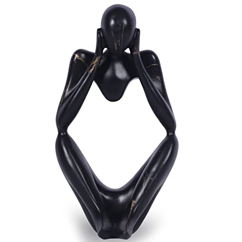 Große minimalistische abstrakte schwarze goldene rechte Denkerstatue, schwarze Statue Kunst Meditation Der Denker Figur Ornamente, Bücherregal Couchtisch Home Office Tischplatte Wohnzimmer Dekor von QIANLING