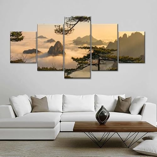 QIANYY 5 Stück Leinwand Bilder Gemälde Vlies Leinwandbild Drucke Auf Leinwand Huangshan Berglandschaft Wandbild Dekor Gedruckt Malerei 200 * 100cm Gerahmte Kreatives Geschenk von QIANYY