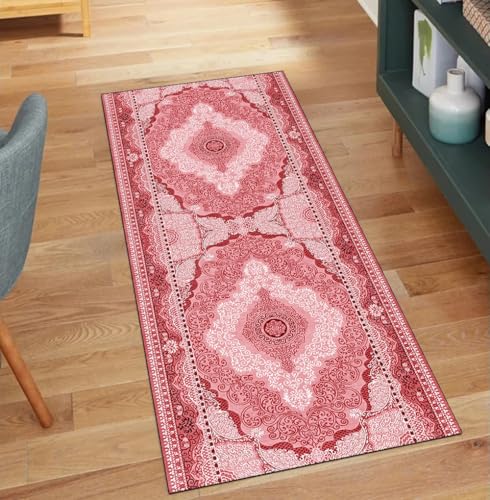 QQrunner Vintage Teppich Läufer Flur rutschfest, Waschbar 50x220CM Teppichläufer Küchenteppich Meterware Lang Rot Korridor Kücheläufer QQrunner Vintage Teppich Läufer Flur rutschfest, Waschbar 50x220CM Teppichläufer Küchenteppich Meterware Lang Rot Korridor Kücheläufer von QQrunner