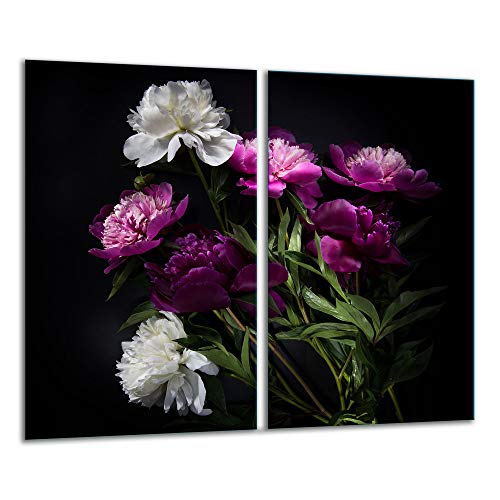 QTA | Herdabdeckplatten 2x30x52 cm Ceranfeld 2-Teilig Universal Elektroherd Induktion für Kochplatten Herdschutz Deko Schneidebrett Sicherheitsglas Spritzschutz Glas Blume Schwarz von QTA