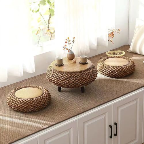QTQHOME Runder Rattan-Couchtisch mit japanischem Boden, handgewebter Weiden-Beistelltisch mit zwei Futon-Kissen, tragbare, niedrige Tatami-Plattform für Wohnzimmer, Erkerfenster, Balkon QTQHOME Runder Rattan-Couchtisch mit japanischem Boden, handgewebter Weiden-Beistelltisch mit zwei Futon-Kissen, tragbare, niedrige Tatami-Plattform für Wohnzimmer, Erkerfenster, Balkon von QTQHOME