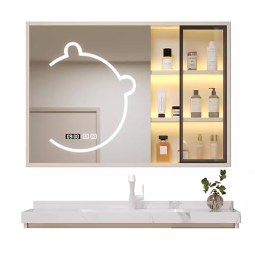 QWEASDF Spiegelschrank，Badezimmerschrank mit Spiegel an der Wand montiert, Aufbewahrungs-Organizer über der Toilette, platzsparender Medizinschrank mit Türen(Beige,W100*H70cm/W39.3*H27.5in) von QWEASDF