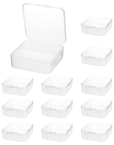 QWORK® 12 Stück Klein Quadratische Aufbewahrungsbox mit Klappdeckel, Kunststoff Aufbewahrungsbehälter für Perlen, Schmuck und Bastelartikel – 95 x 95 x 35 mm von QWORK
