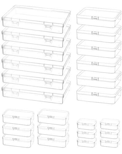 QWORK® 24er Set Kunststoff aufbewahrungsbox mit Klappdeckel, rechteckigen aufbewahrungsbehälter für Perlen, Schmuck und Bastelartikel – in 4 Größen von 5,5 x 4 x 2 cm bis 18 x 11 x 3 cm von QWORK