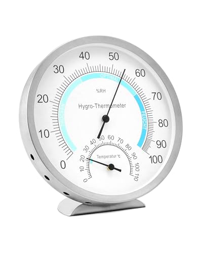 QWORK® 2in1 Hygrometer und Thermometer Innen, Temperatur Analog Ø 12,5 cm mit Edelstahl Gehäuse, Kein Batteriebedarf von QWORK