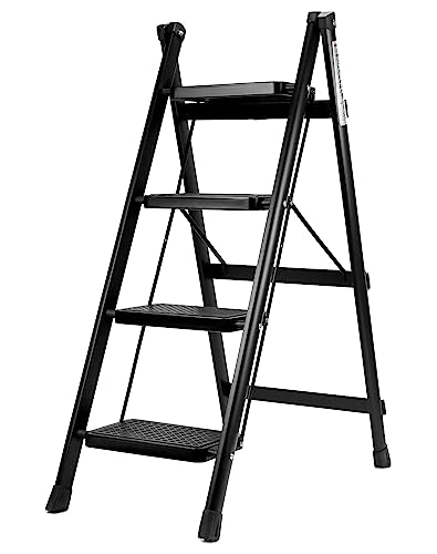QWORK® 4 Stufen Klappleiter, Stehleiter 4 Stufen, Stahl, 150 kg Belastung, für Küche, Bibliothek von QWORK