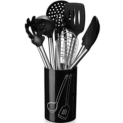Küchenutensilien, Küchenutensilien-Set 9-teiliges Antihaft-Kochwerkzeug mit Kunststoffhalter – Silikon und Edelstahl – Töpfe und Pfannen – Schwarz von QZDH
