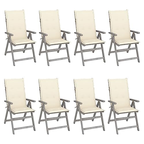 QZZCED Balkonstühle Terrassenstühle Outdoor-Stühle Gartenmöbel Verstellbare Gartenstühle mit Auflagen 8 STK. Grau Akazienholz für Terrasse, Garten, Balkon von QZZCED
