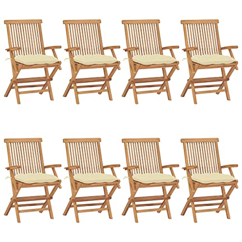 QZZCED Campingstuhl Strandkörbe Terrassenstühle Outdoor Stühle Gartenstühle mit Cremeweißen Kissen 8 STK. Massivholz Teak für Terrasse, Garten, Balkon von QZZCED