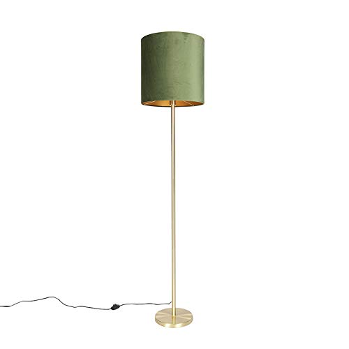 Qazqa - Modern Botanische Stehlampe Messing mit grünem Schirm 40 cm - Simplo I Wohnzimmer I Schlafzimmer - Textil Zylinder I Länglich - LED geeignet E27 von Qazqa