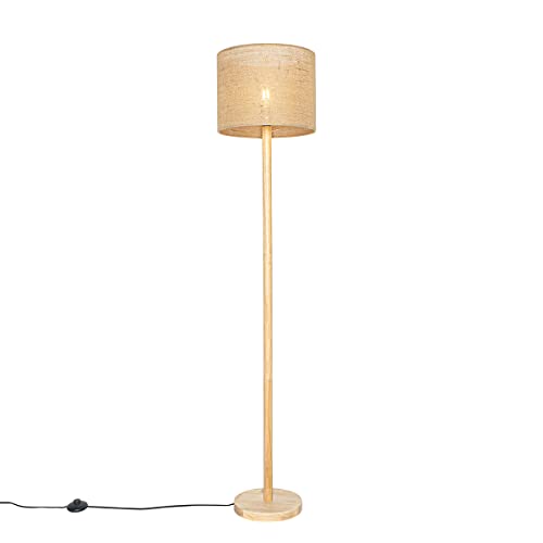 Qazqa - Landhaus I Vintage Ländliche Stehlampe Holz mit Leinenschirm natur 32 cm - Mels I Wohnzimmer I Schlafzimmer - Rund - LED geeignet E27 von Qazqa