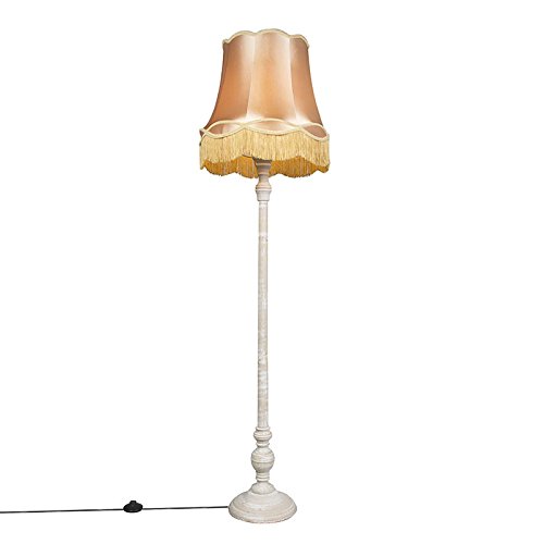 Qazqa - Retro Graue Stehlampe mit Granny-Lampenschirm Gold I Messing - Classico I Wohnzimmer I Schlafzimmer - Holz Rund - LED geeignet E27 von Qazqa