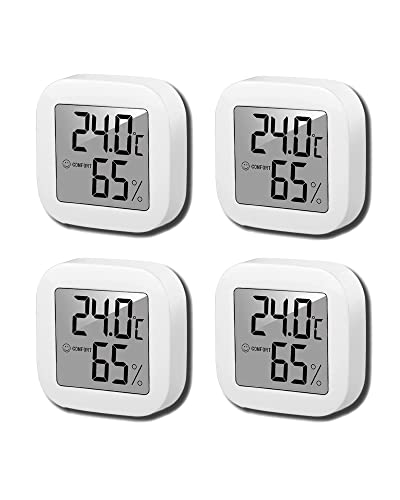 QeeFop Digitales Thermo-Hygrometer, 4 Stück Thermometer Hygrometer Innen, Temperatur und Luftfeuchtigkeitmessgerät, Raumthermometer mit Smiley-Indikator für Babyzimmer, Büro, Weinkeller, Gewächshaus von QeeFop