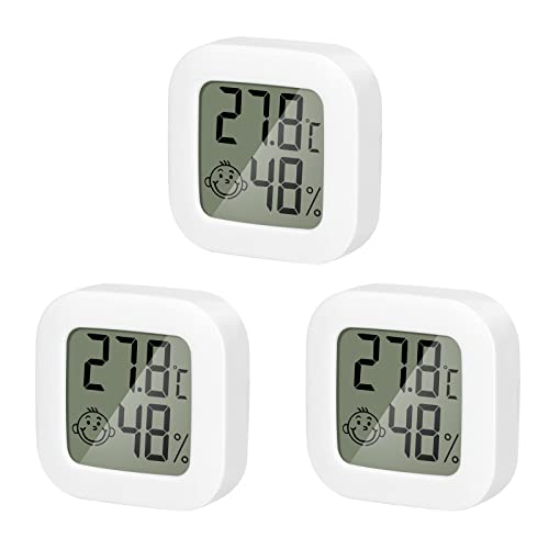 Mini Thermometer Hygrometer Innen, QeeFop 3 Stück Hydrometer Feuchtigkeit Digital Temperaturmessgerät, Raumthermometer Innen mit Smiley-Indikator für Kinderzimmer, Babyzimmer, Gewächshaus, Büro von QeeFop