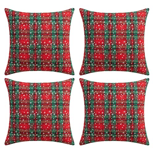 Qelus 4 er Set Kissenbezug Weihnachten, Kissenhülle Kariert Schneeflocke 45x45cm, Weihnachtskissenbezug Dekorative Kissenbezüge Baumwolle Polyester, für Wohnzimmer Sofa Schlafzimmer (Grün) von Qelus