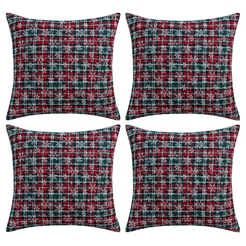 Qelus 4 er Set Kissenbezug Weihnachten, Weihnachtskissenbezug Kariert Schneeflocke 45x45cm, Dekorative Kissenhülle Kissenbezüge Baumwolle Polyester, für Wohnzimmer Sofa Schlafzimmer (Grün) von Qelus