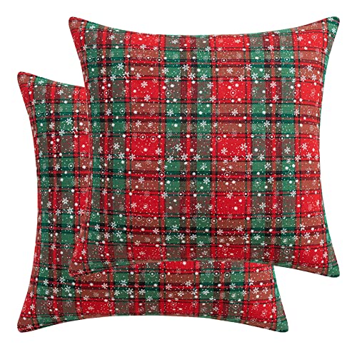 Qelus Kissenbezug Weihnachten 2 er Set, Kissenhülle Kariert Schneeflocke 45x45cm, Weihnachtskissenbezug Dekorative Kissenbezüge Baumwolle Polyester, für Wohnzimmer Sofa Schlafzimmer (Grün) von Qelus